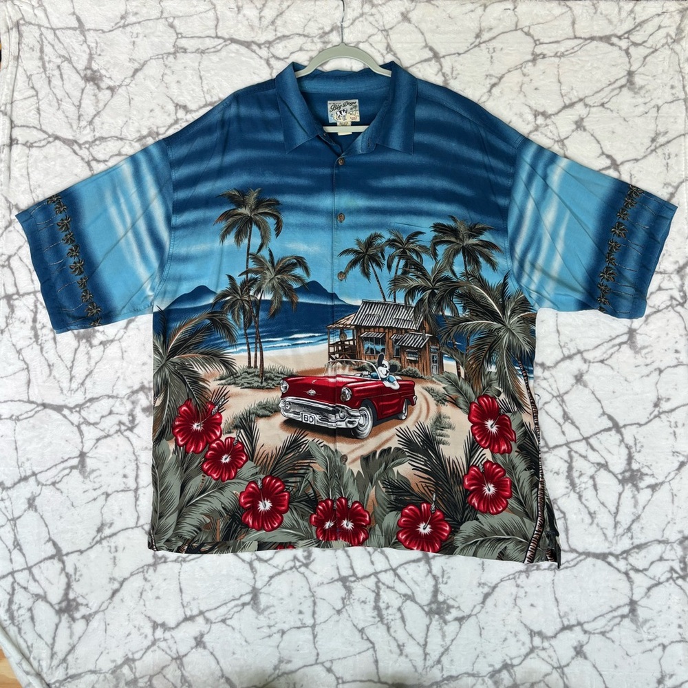 Vintage BIG DOGS Hawaiian Camp Shirt Men’s XXXL Blue Dog Classic Car Palm Trees